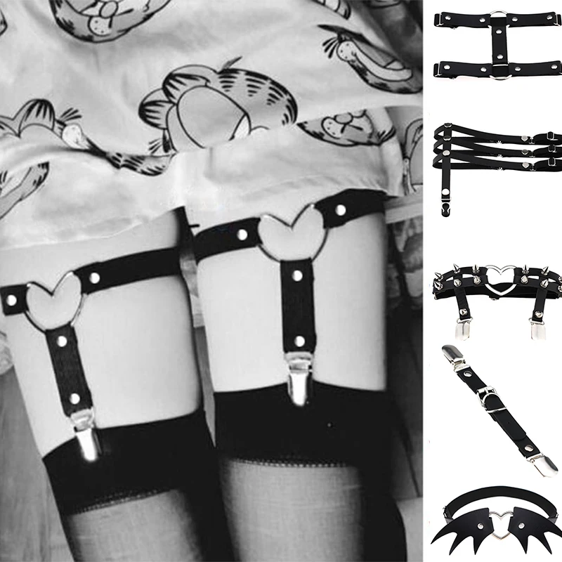 

Female Women Sexy Harajuku Elasticity Heart Faux Leather Harness Tight Suspender Punk Strap Leg Ring Garter Belts Leg Garters