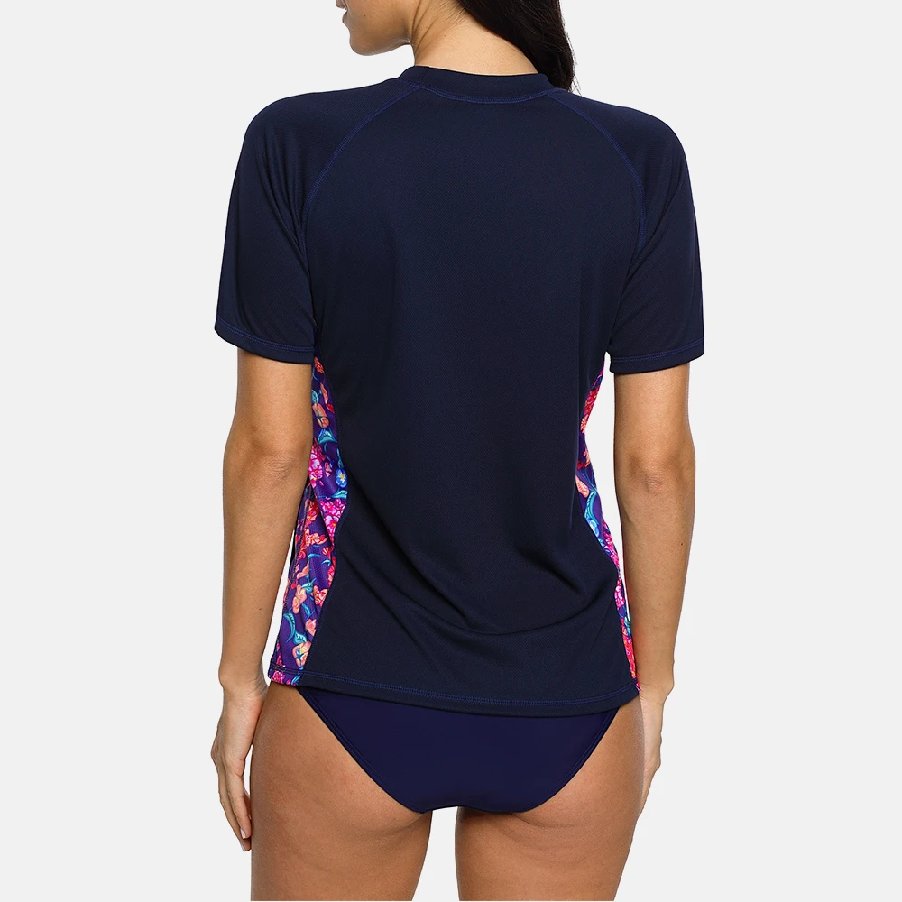 Anfilia Ladies Short Sleeve Rashguard Women Quick-drying Shirt Floral Print Rash Guard TUPF 50+ Surfing Top Running Biking Shirt
