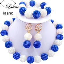 Laanc последние африканские бусины комплект ювелирных изделий королевский синий и белый имитация жемчуга нигерийские Свадебные цепочки и ожерелья AL703