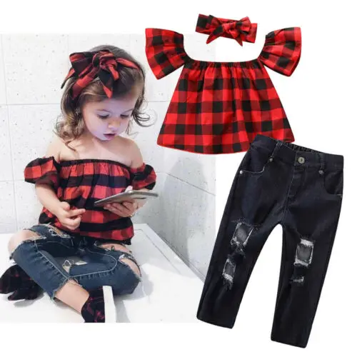  Summer Fashion Cool Toddlers Kids Baby Girl Red Plaid Off-Shoulder Petal Sleeve Tops Hole Jeans Pan