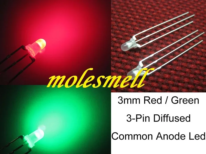 Free shipping 100pcs 3mm diffused Dual Bi-Color Red/Green Bright 3-Pin Led Common Anode Leds Lamp | Электронные компоненты и