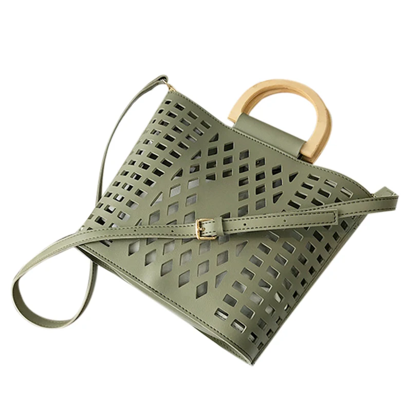 

Women Bags Handbags Hollow Out Beach Bag Wood Handle Tote Bags Pu Leather Shoulder Bag Purses