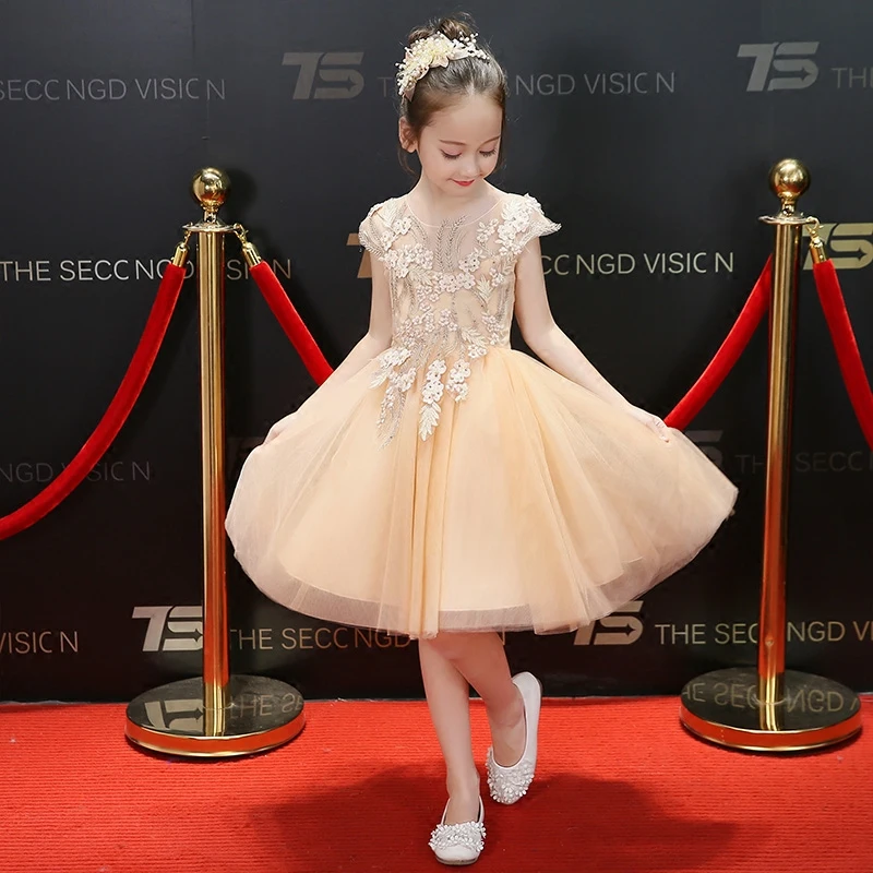 

Champagne Flower Girl Dresses Wedding Embroidery Hoy Communion Dress Ball Gown Knee-length Princess Prom Dress Birthday Gowns