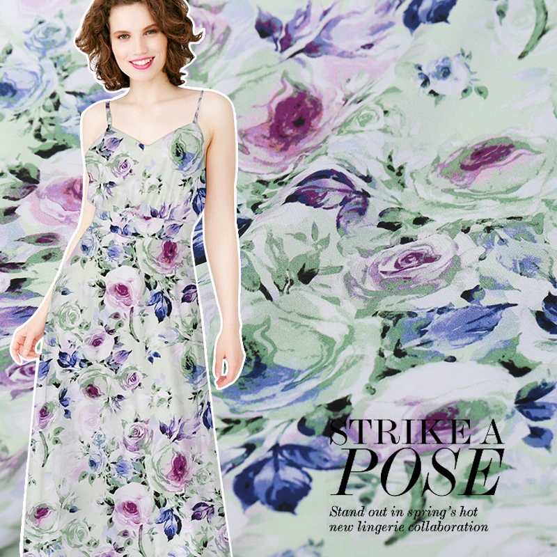 

Rose digital printing silk fabric soft silk stretch satin fabric clothing skirt fabric wholesale silk cloth 108cm