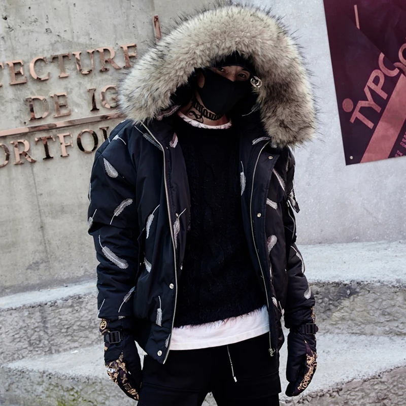 

New premium feather print zip-up hooded winter hip hop street casual pocket men wear thickened men's slim coat