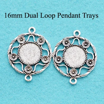 

16mm Pendant Tray, Antique Silver Dual Loop Pendant Blanks, Cabochon Setting with Two Loops