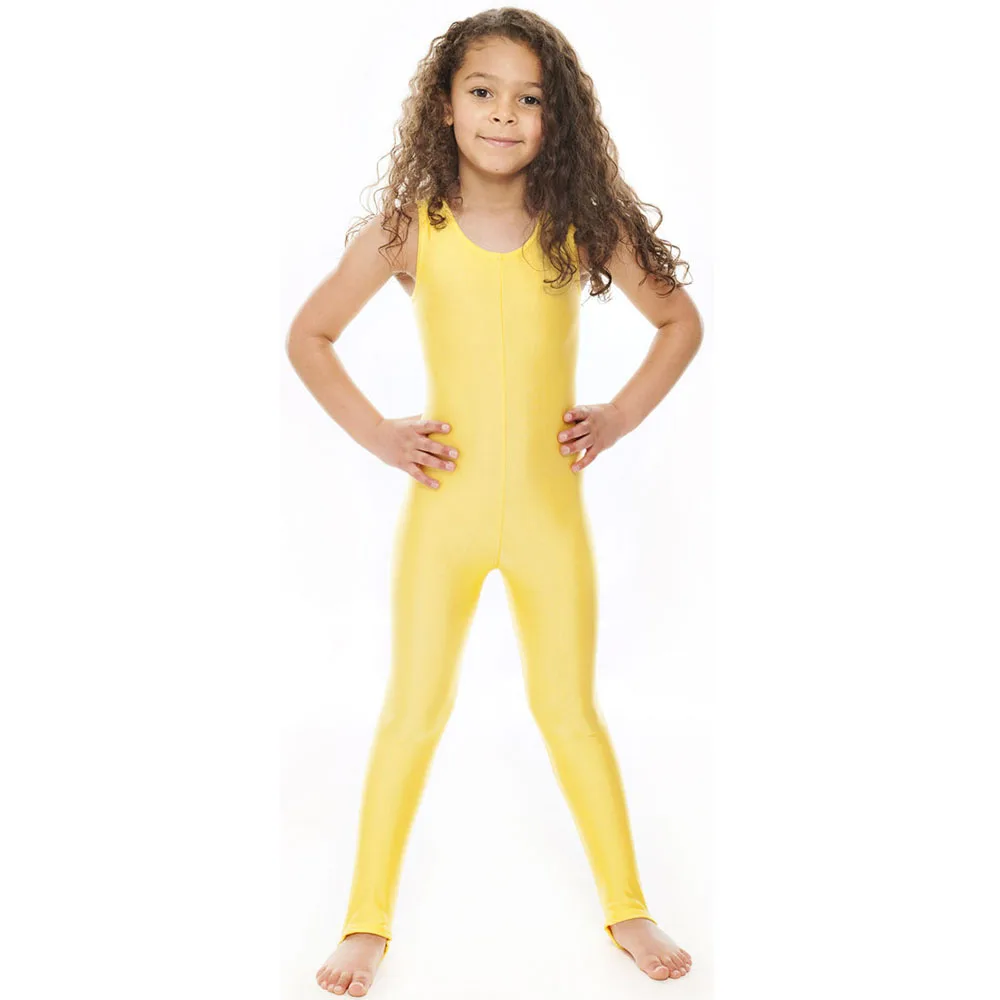 

Yellow Girls Tank Unitards Stirrups Kids Nylon Gymnastics Unitard Dance Bodysuit Stage Performance Show For Children