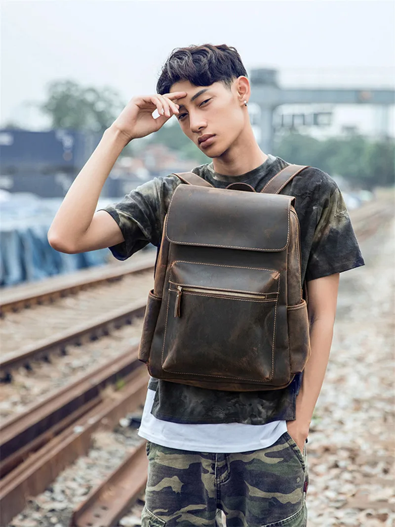 PNDME simple vintage genuine leather men's backpack ladies large rucksack casual crazy horse cowhide daily laptop bookbag