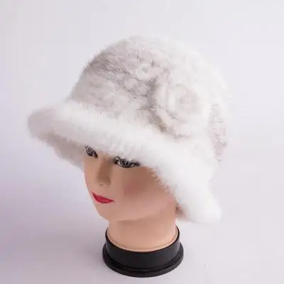 Real Genuine natural knitted Mink Fur with flower Hat Cap women hand made warm 
