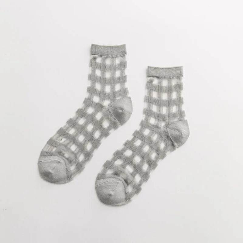 Летние тюлевые носки для женщин Лоскутные клетчатые забавные носки прозрачные длинные носки женское платье чулочно-носочные изделия уличный японский стиль - Цвет: gray