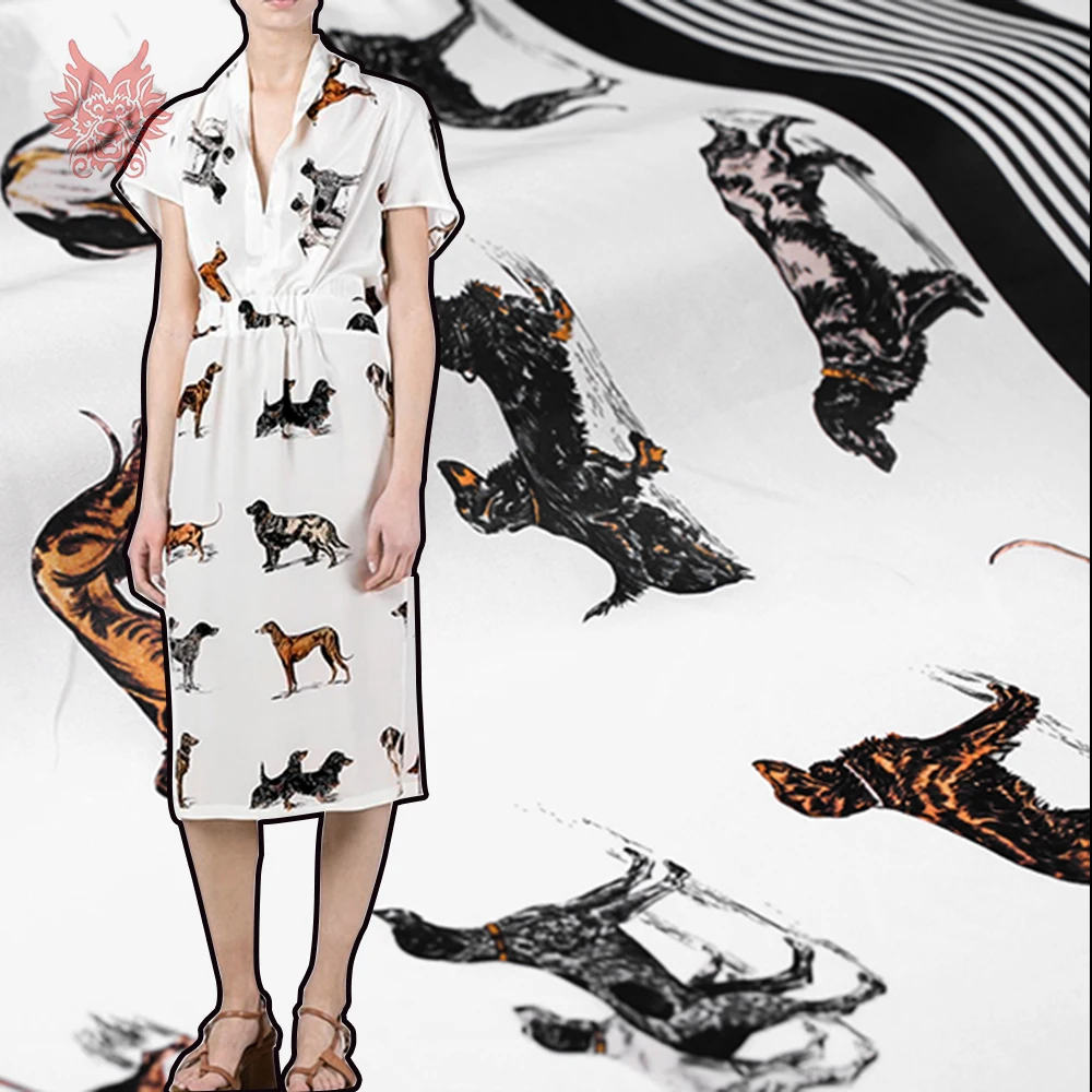 

American style white with dog print 100% silk crepe de chine fabric tissu telas tecidos stoffen 16mm SP4434 FREE SHIPPING