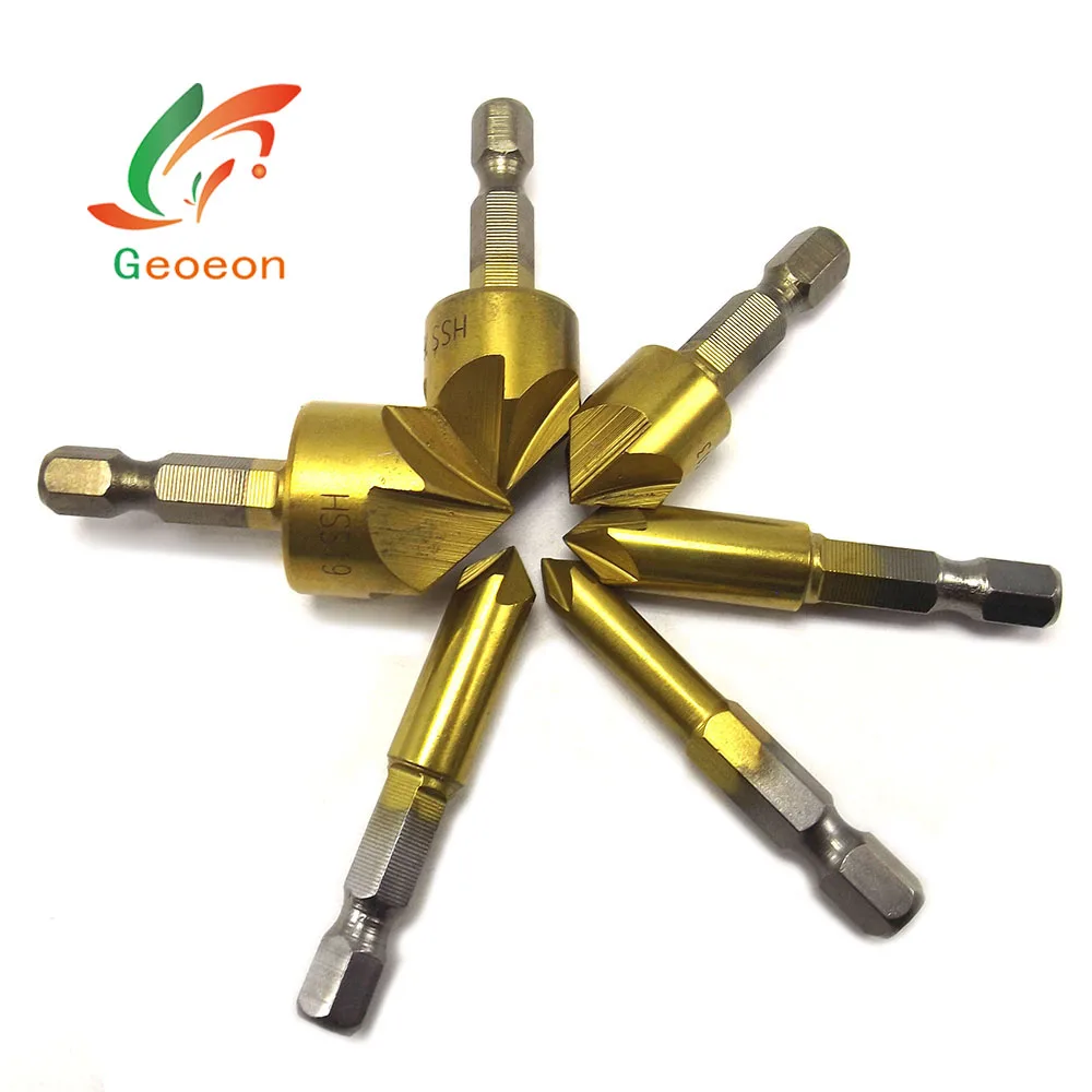 

3/6pcs 5 Flute Chamfer Countersink 1/4" Hex Shank HSS 90 Degree Chamfering Cutter Chamfer 6mm-19mm Countersink Drill Bit D36