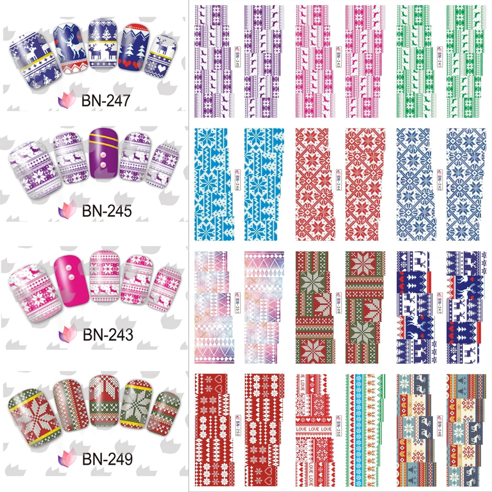 

12 Sheets XMAS Nail Art Water Transfer Sticker Snow Full Cover Decals Merry Christmas Stickers Wrap Tips Decoration BN241-252