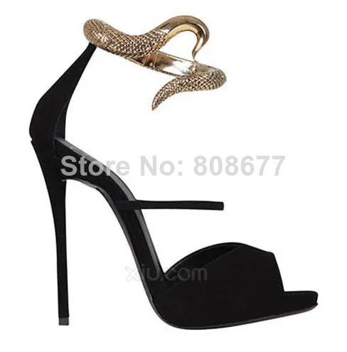 black heels with snake wrapped around ankle