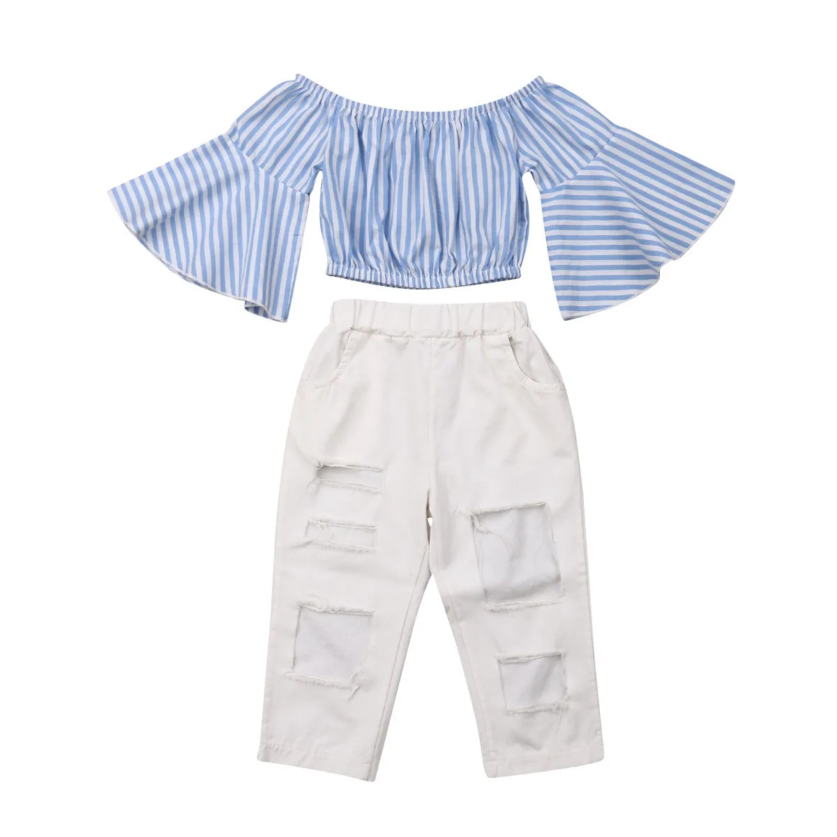 

Toddler Kids Baby Girls Striped Off Shoulder Tops +Long Pants 2Pcs Outfits Set Clothes
