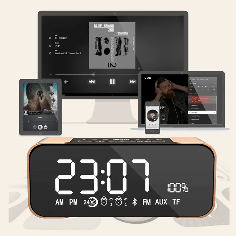 Bluetooth динамик стерео Бас boombox LED Handsfree Mic FM цифровой будильник светодиодный