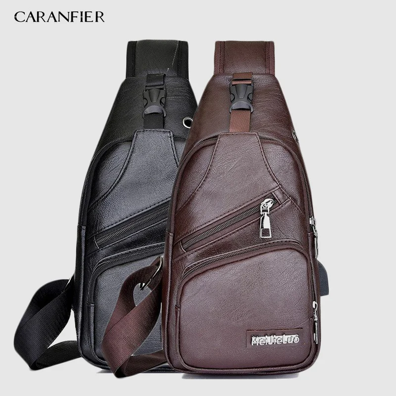 

CARANFIER 2PCS Wateproof PU Shoulder Bag Men'S Charging Bag Men'S USB Chest Bag Diagonal Package Messenger Bag Chest New 2019