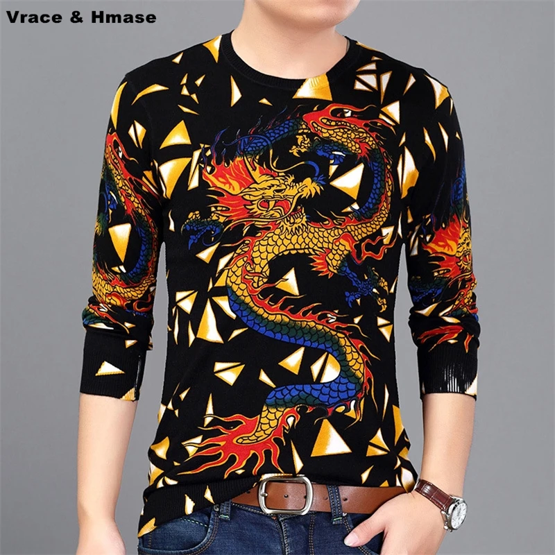 

Chinese style dragon pattern color printing fashion casual sweater Autumn&Winter 2017 New quality soft knitted sweater men M-3XL