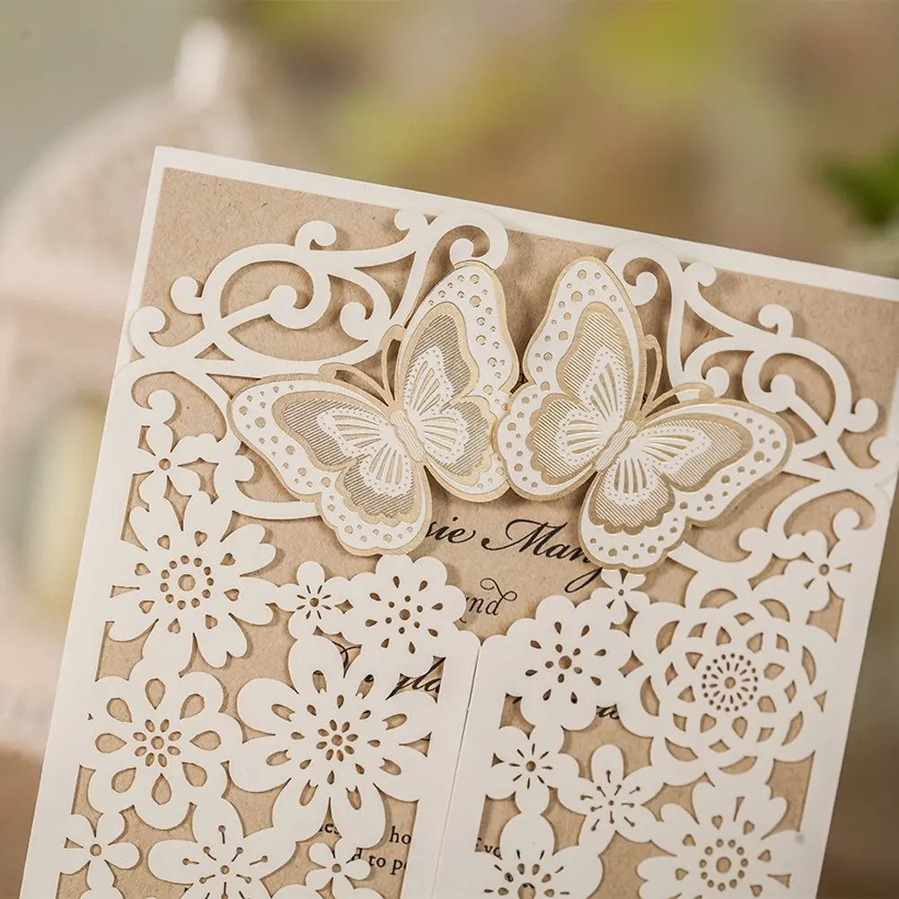  25Pcs Blue & White Butterfly Laser Cut 3D Card Wedding Invitations Card with Envelopes & RSVP Card  - 33020816080