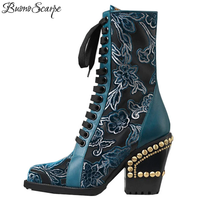 

BuonoScarpe Fashion Brand Design Rivets Heels Ankle Boots Embroidery Flowers Lace Up Ankle Boots Mujer Real Leather Women Boots