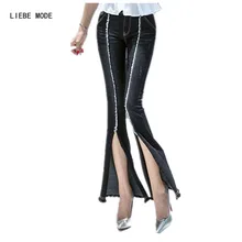 Women’s Mid Waist Slim Flare Jeans For Women Black Fashion Spring Summer Bell Bottom Trousers Pants Fashion Sexy Split Open Jen