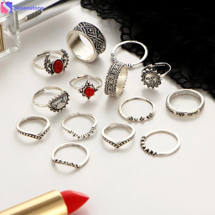 

14pcs/Set Vintage Silver Color Moon And Sun Midi Ring Sets for Women Pattern Female Red Big Stone Knuckle Rings Gift #0