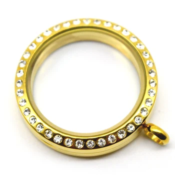 

High quality 30mm round gold magnet crystal 316 stainless steel Memory living glass lockets ,glass locket for Women