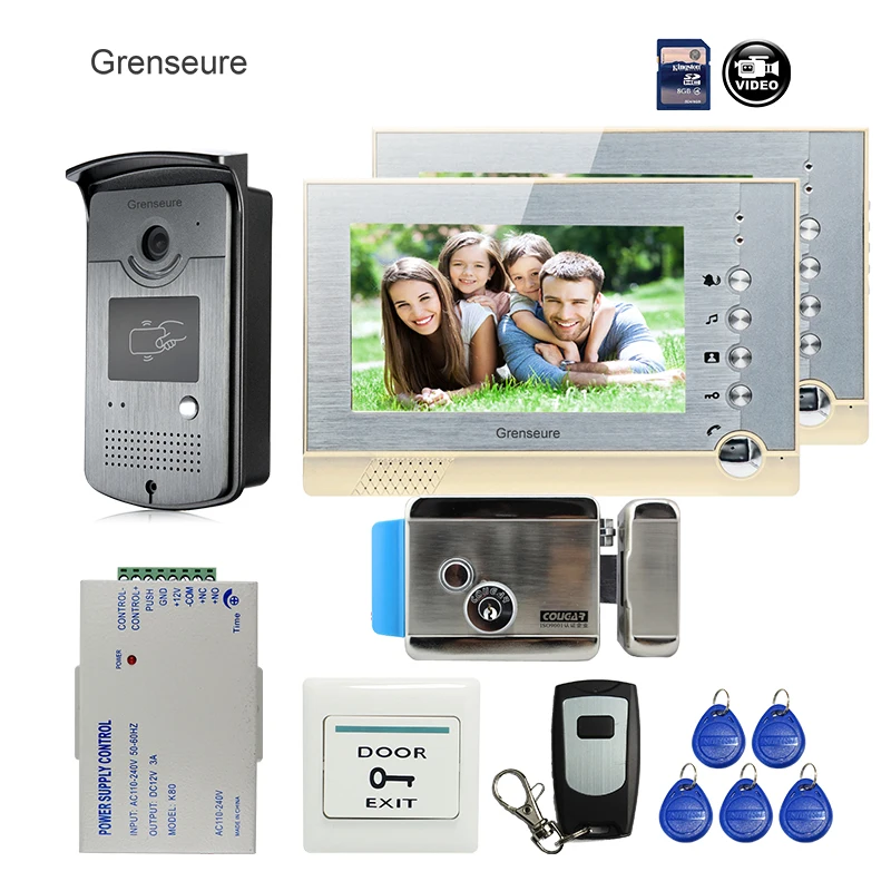 

FREE SHIPPING BRAND 7" Color Recording Video Door phone Intercom System + 2 Monitor + RFID Card Reader Camera + Electric lock