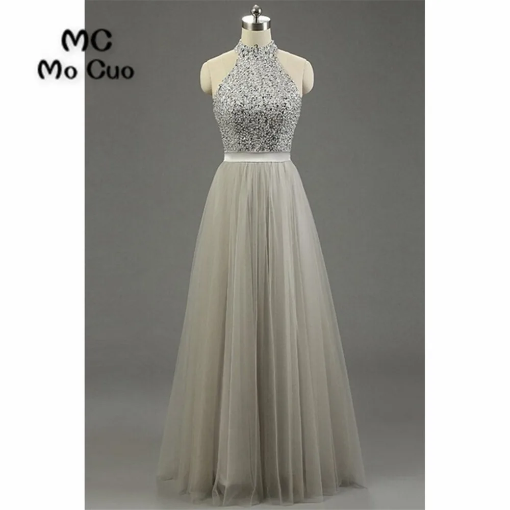 

2018 Halter Prom Dresses Long with Beaded Zipper Back Floor Length Tulle Grey Formal Evening Party Dress 100% Real