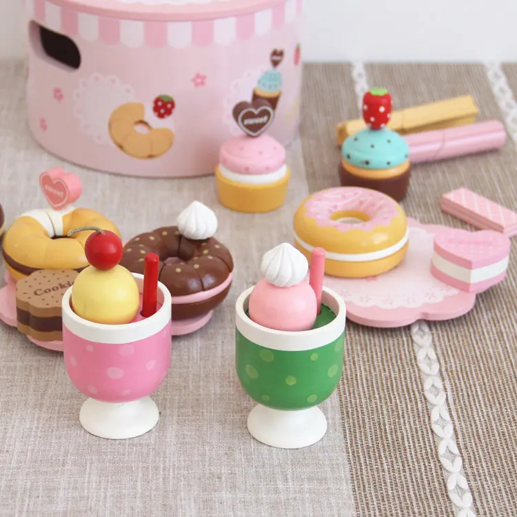 Baby Toys Strawberry Simulation Doughnut Set Wooden Toys For Kids Afternoon Tea Cake Child Educational Birthday Gift