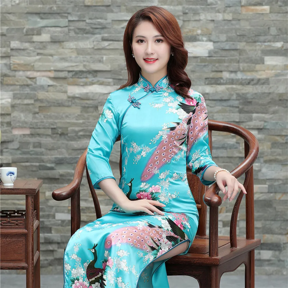 Vintage Chinese Women Satin Cheongsam Traditional Mandarin Collar Casual Dress Sexy High Split