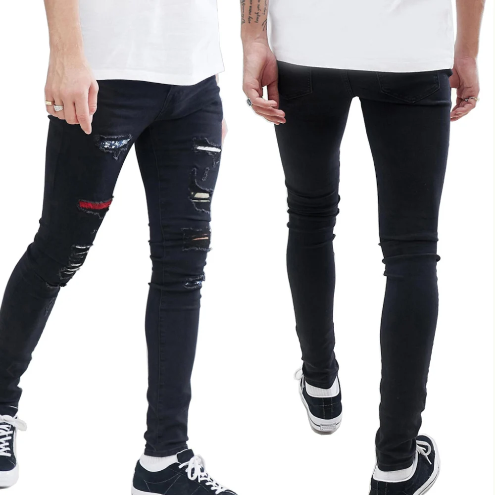 Для мужчин Тощий Лоскутные рваные разрушенные Проблемные в стиле панк джинсовые Модные Повседневные джинсы