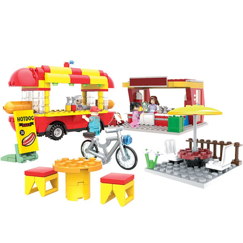 

City Mini Street View Scene Hot Dog Shop Ice cream shop Architecture Model Building Block Bricks Toys Compatible With Lego