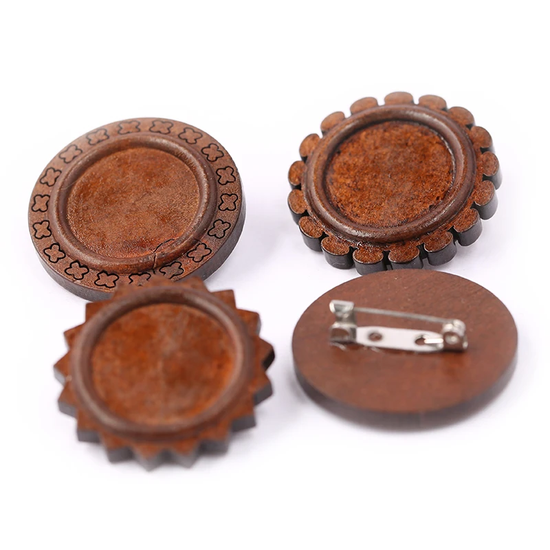 

reidgaller 10pcs brown wood cabochon brooch base setting 20mm dia blank backing trays for brooches making diy findings