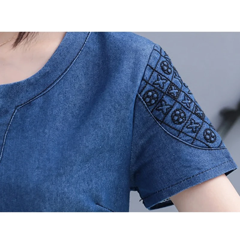 New Heat sell Short sleeve Denim Dress Women 2019 Summer Plus size 5XL Embroidery Jeans Dresses V-neck Thin Denim Dresses A2695