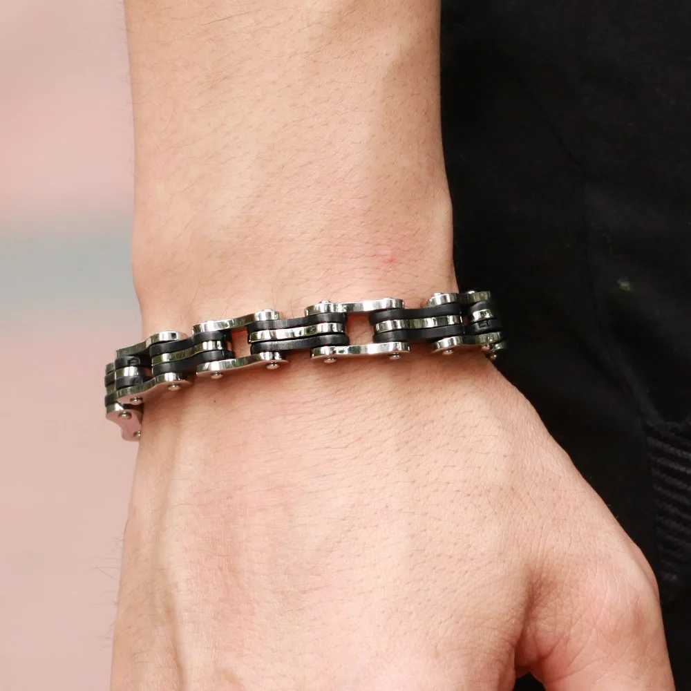 Trustylan Jewelry Stainless Steel Men Bracelet Black Silicone Mens Trustylan Jewelry Stainless Steel Men Bracelet Black Silicone Mens Bracelets Motorcycle Bicycle Chain Bangles 2018 In Link