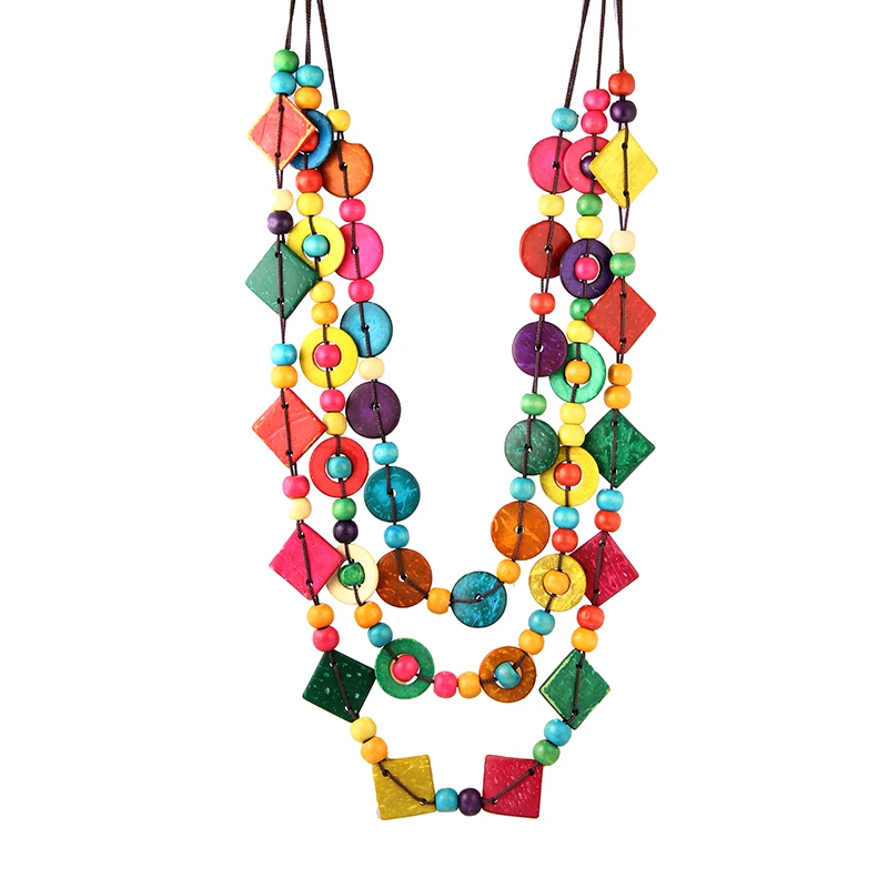 

Handmade beach bohemia necklace 's dopaminergic multi-layer wood bead knitted coconut shell necklace for women