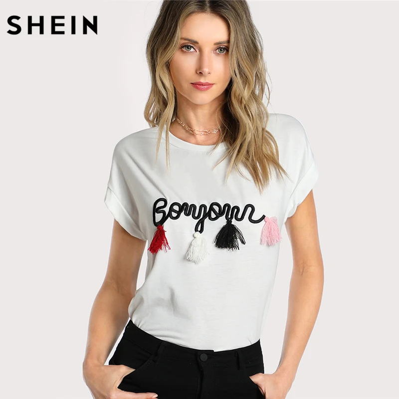 SHEIN Модный Топ С Вышивкой И Бахромой Женская Летняя Повседневная Футболка