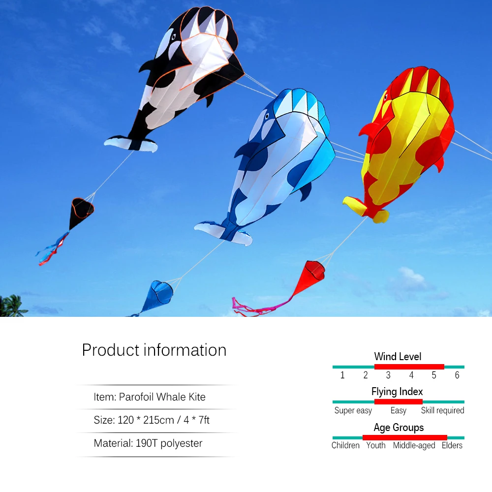 3D Kite Huge Frameless Soft Parafoil Giant Whale Flying Kite Beach