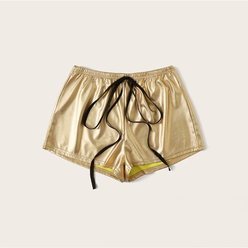 SHEIN однотонные шорты из искусственной кожи с завязками на талии, женская одежда, женские Гламурные Серебристые летние шорты с эластичной талией