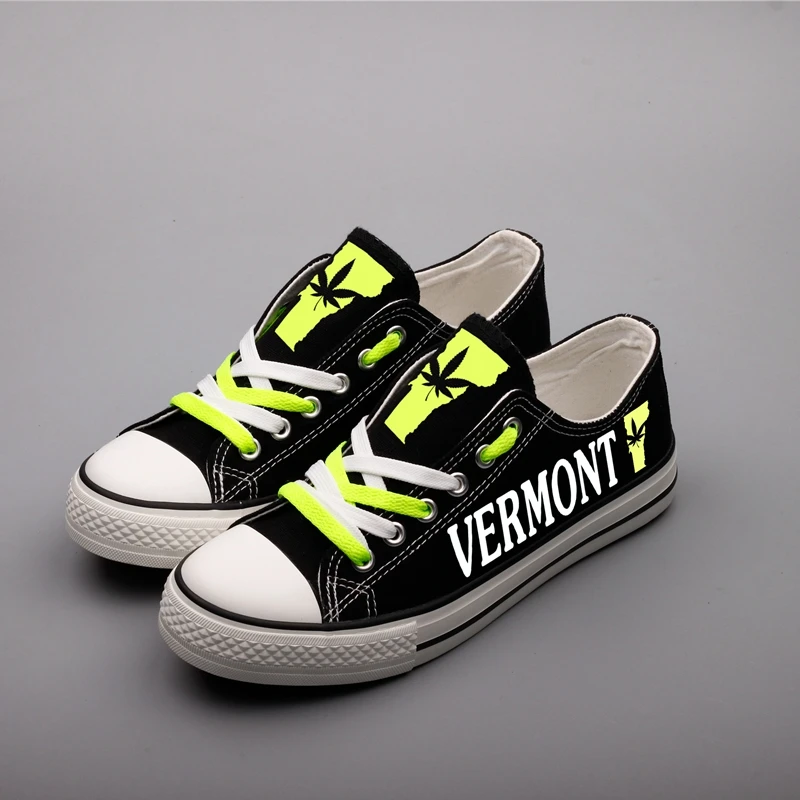 

E-LOV Unique Printed US Vermont State Logo Customized Canvas Shoes Summer Lace-up Men Black Casual Flats American Sapato