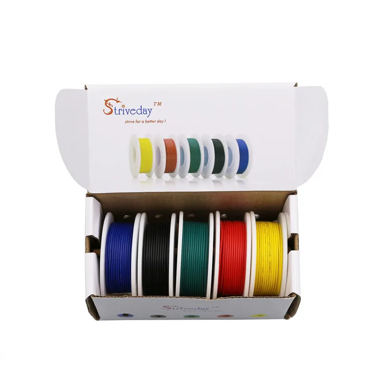 UL 1007 주석 도금 구리 케이블 절연 와이어, PVC 연선 전자 와이어, 상자 당 50 미터, 28awg, 5 가지 색상 혼합 세트 키트