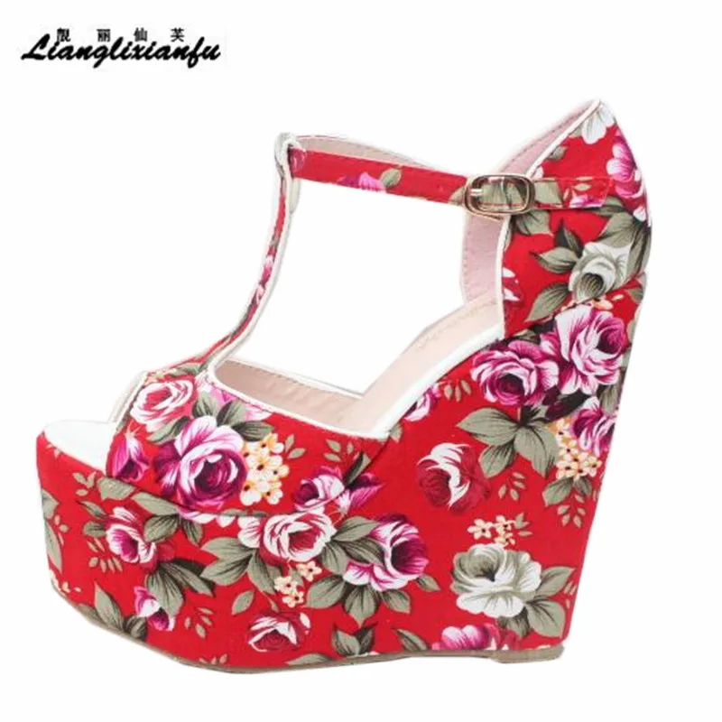 

LLXF 15cm High-heeled Sandals Sexy Summer Shoes woman Stiletto female T-strap Printed Pumps Small Yards:30 31 32 33 Plus:42 43