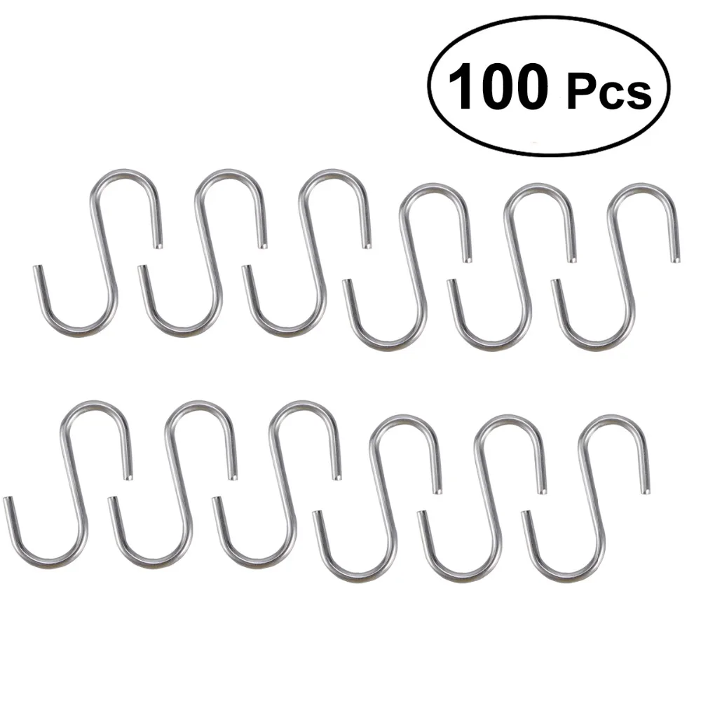 

OUNONA 100Pcs Stainless Steel S Shaped Hooks Kitchen Spoon Pan Pot Utensils Hangers Clasp Over The Door Closet Clothes Rack Tool