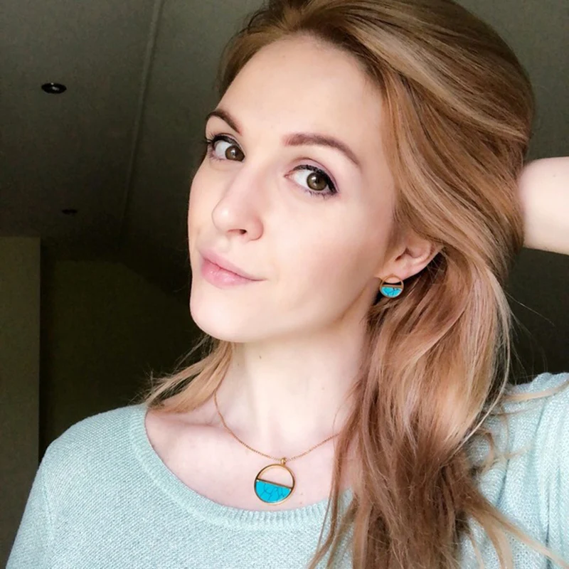 

RIR Turquoises Necklace & Earrings Gold Round Trending Wedding Women Fashion Rhinestone Jewelry Set In Stainless Steel