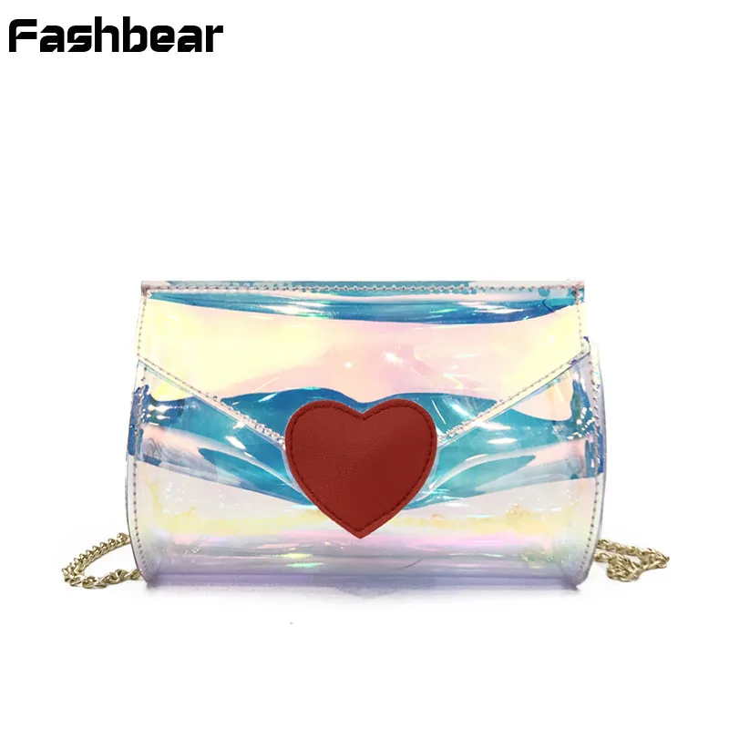 Для женщин сумка лазерной аппликацией сердца Сумки цепи Crossbody сумки модные