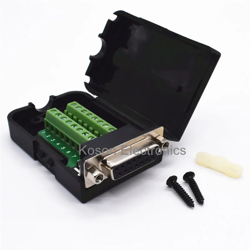 

DB15 Connectors D-SUB Female 2 Row 15 Pin Plug Breakout Terminals Board Connector Nut Type With Black Plastic Cover