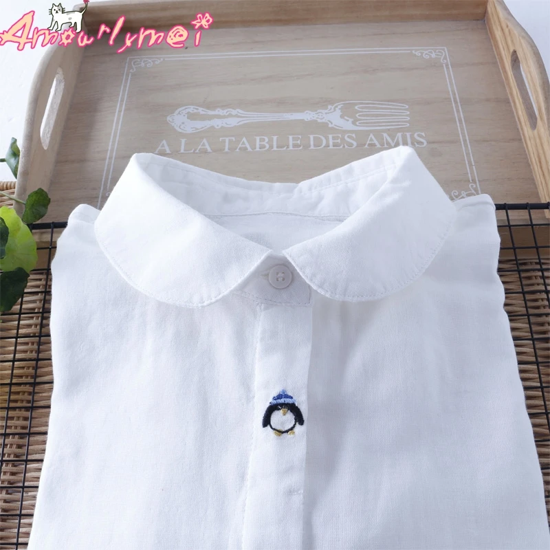 

Kawaii Penguin Embroidered Cotton Linen White Shirt Mori Girl 2019 Spring Women Casual Loose Blouse Female Tops Blusas Femininas
