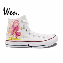 Вэнь женская обувь с ручной росписью Вокалоид Мегурине лука аниме высокие мужские белые парусиновые кроссовки для подарков