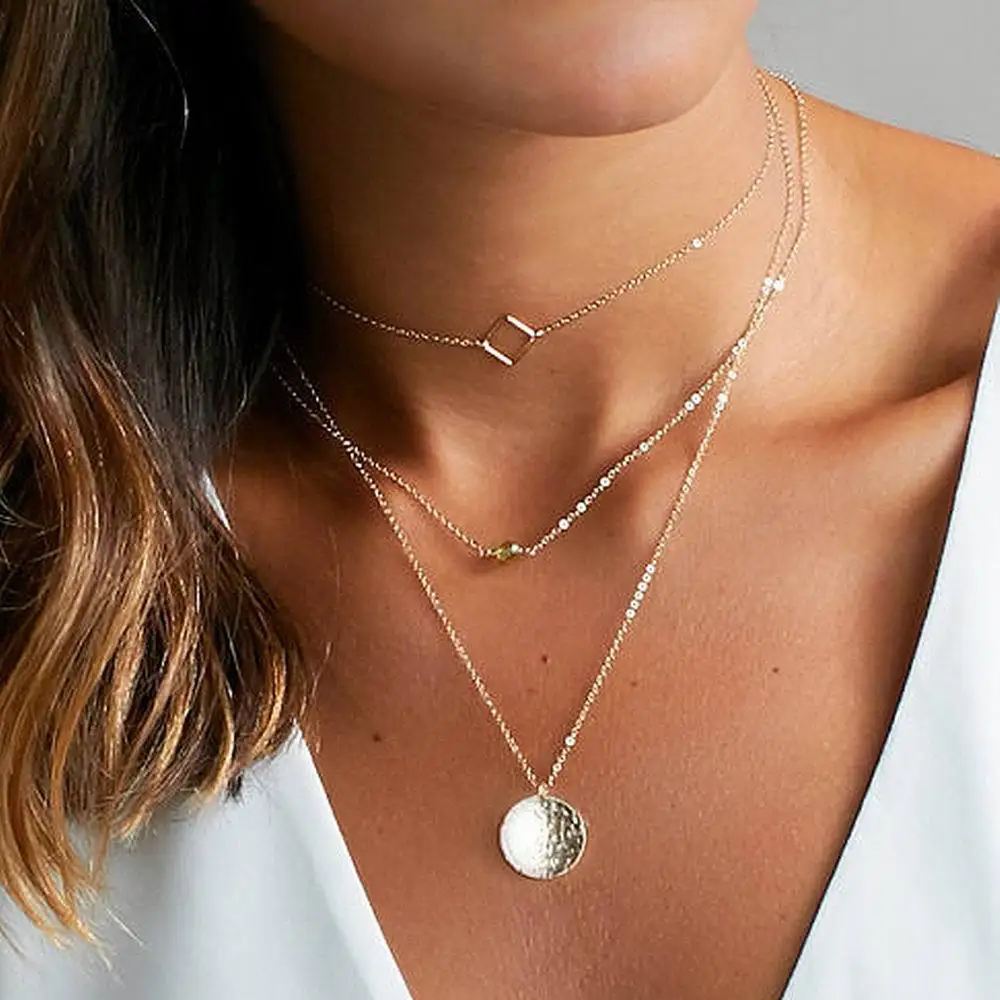 

Summer Simple Multilayer Chain Neckalce For Women Gold Silver Color Square Round Crystal Bead Statement Jewelry collier femme